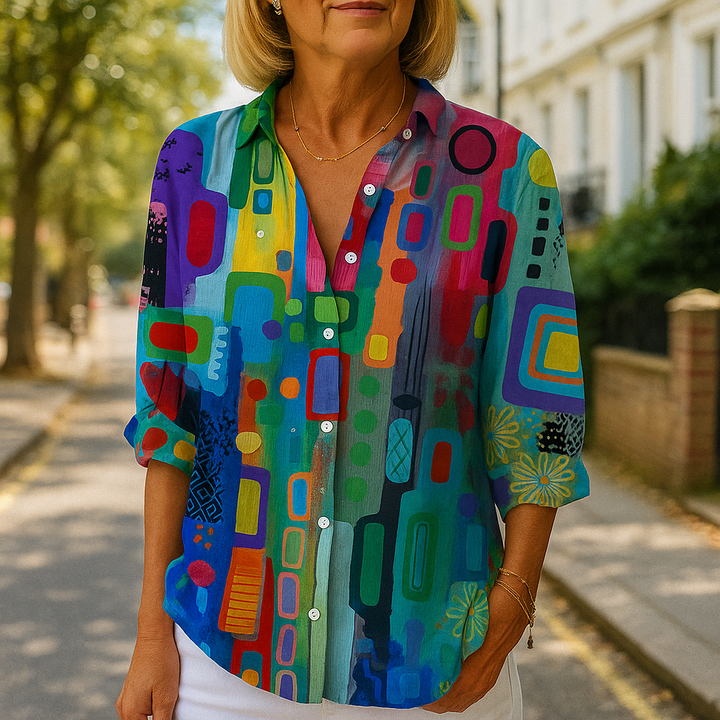 Laura | Women's Chic Long Sleeves Geometric Print V Neck Blouse