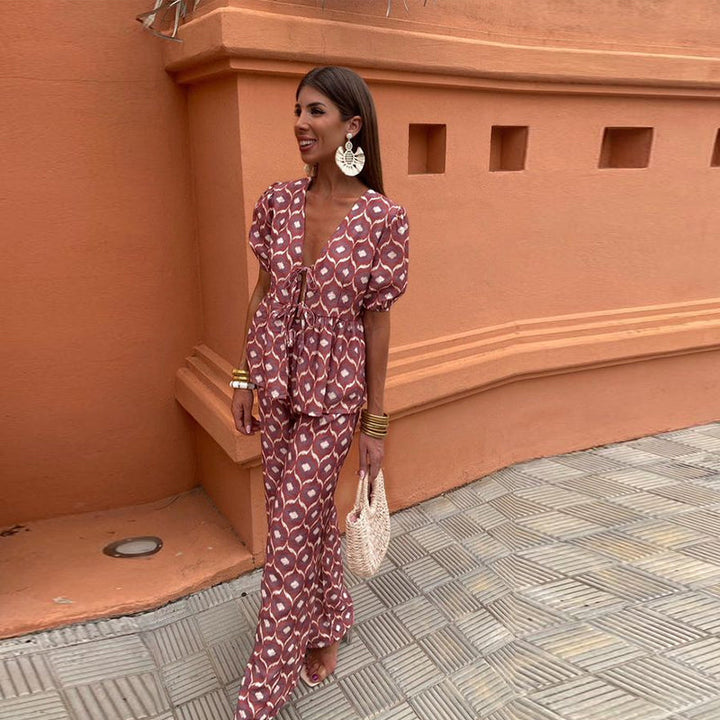 Nicole | Women's Printed Two Piece Casual Set with Pants and Puff Sleeve