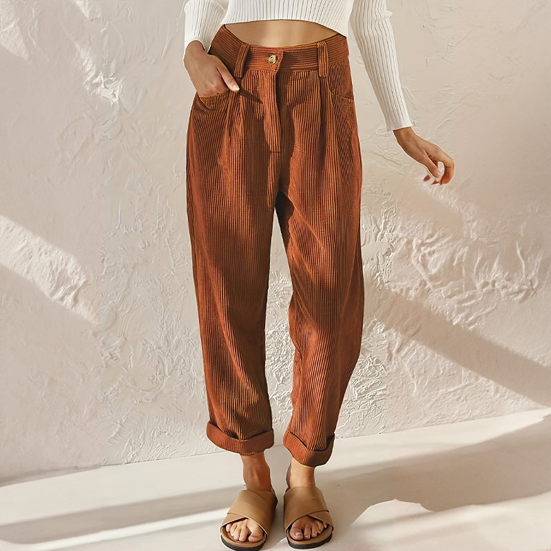 Elise | Women’s High Waisted Corduroy Pants with Folded Hem