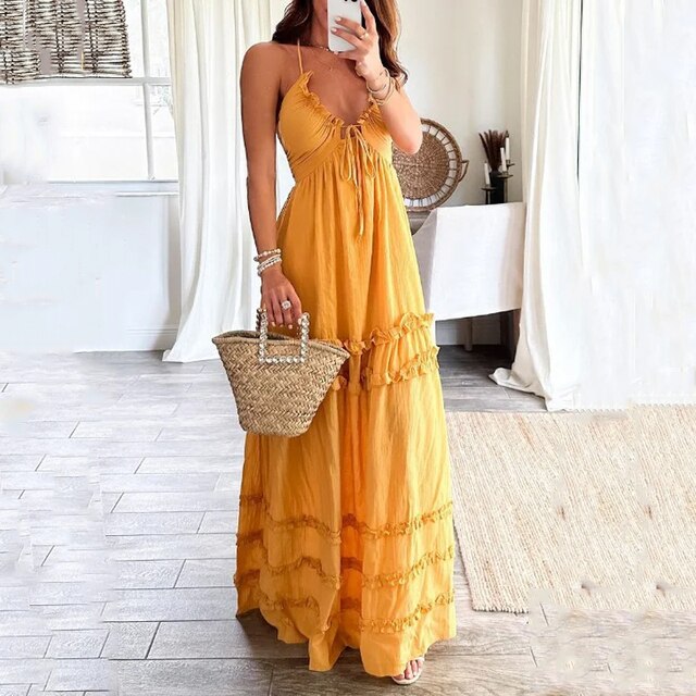 Selena | Women's Open Back Halter Neck Tiered Maxi Dress