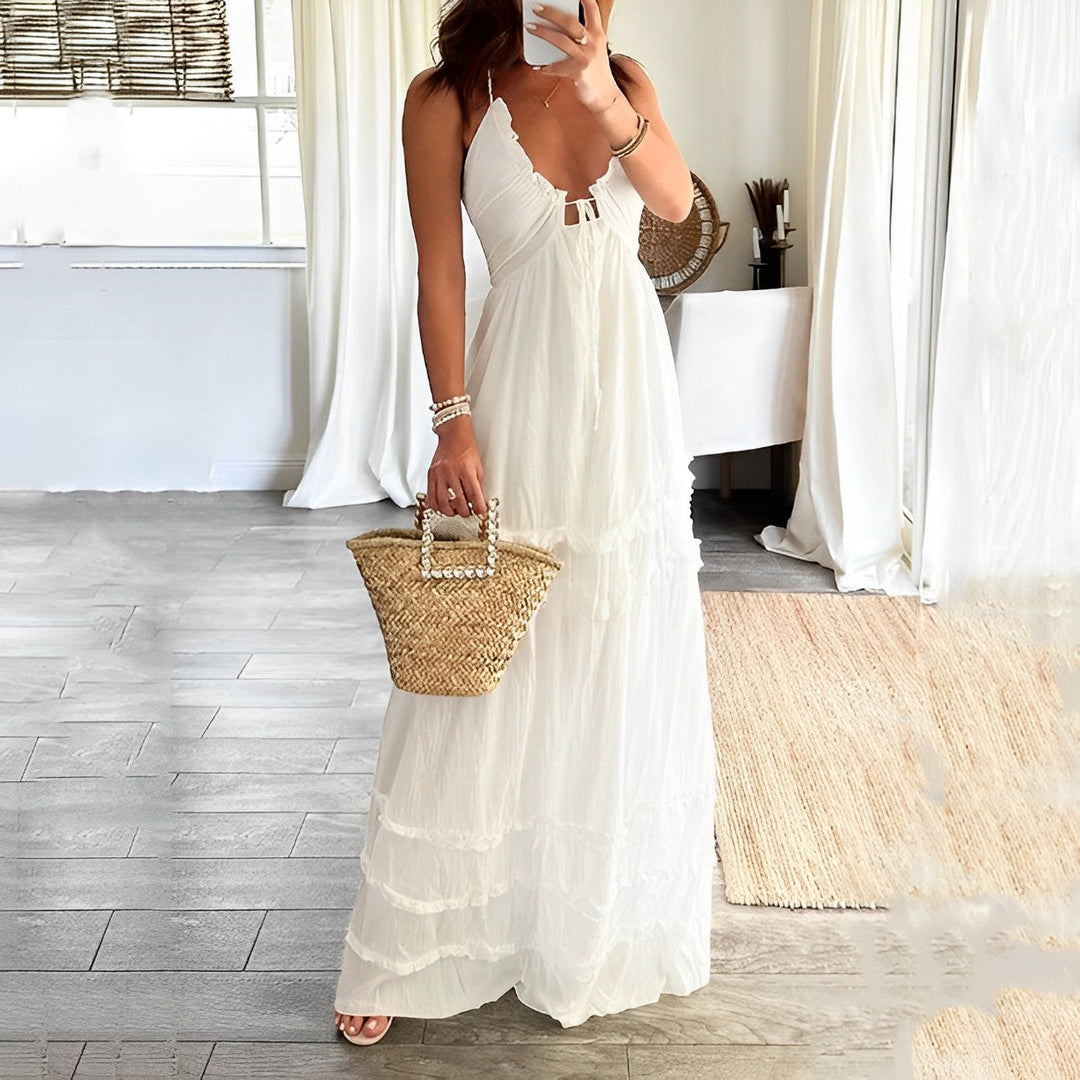 Selena | Women's Open Back Halter Neck Tiered Maxi Dress
