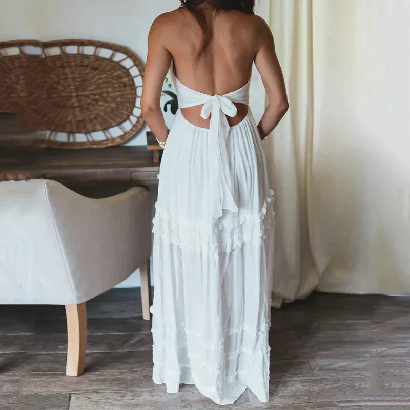 Selena | Women's Open Back Halter Neck Tiered Maxi Dress