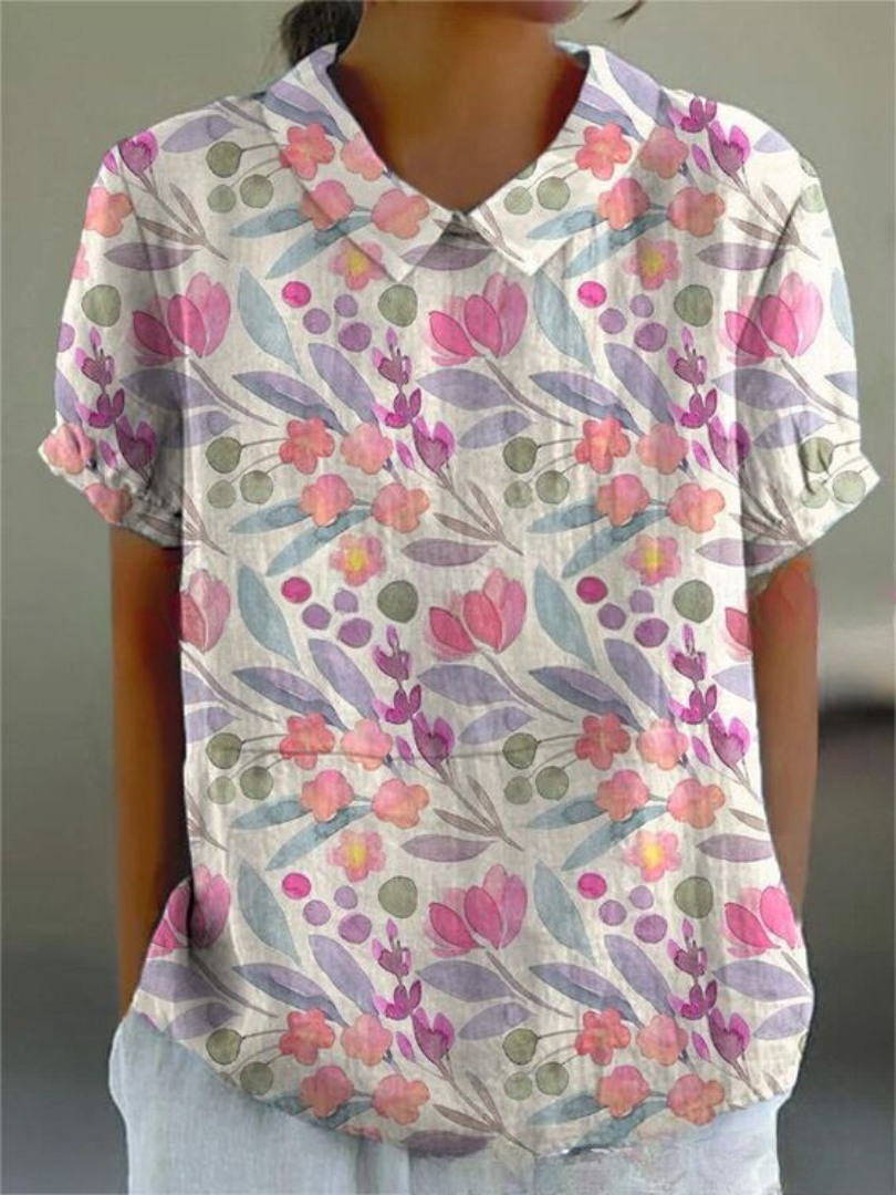 Elara | Women’s Floral Short Sleeve Blouse with Collar