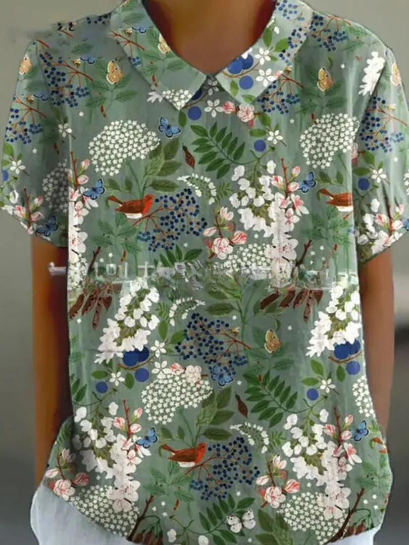 Elara | Women’s Floral Short Sleeve Blouse with Collar