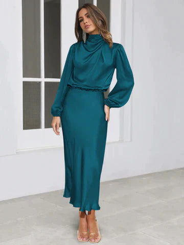 Valerie |  Women's Satin Turtleneck Midi Dress with Lantern Sleeves