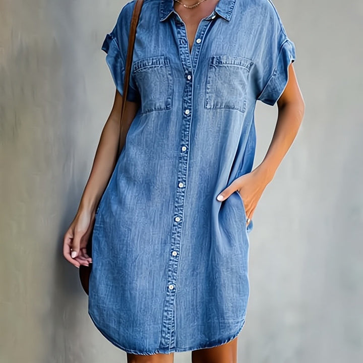 Presley | Women's Denim Style Mini Shirt Dress with Buttons
