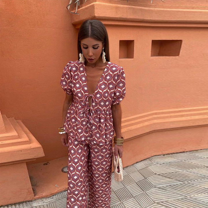 Nicole | Women's Printed Two Piece Casual Set with Pants and Puff Sleeve