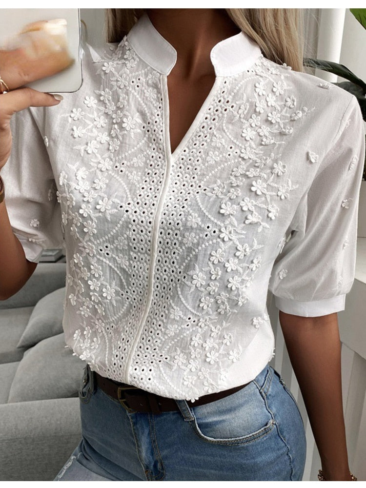 Lindsey | Women's V-neck Short Sleeve Top with Floral Embroidered and Eyelet