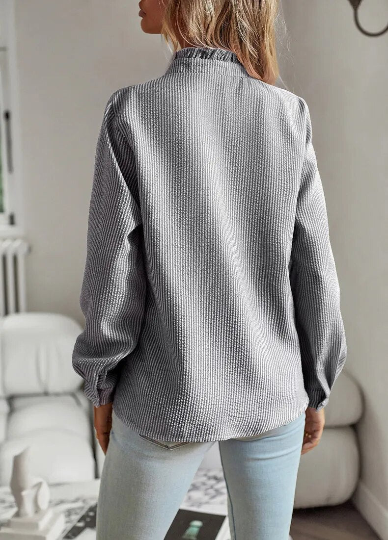 Charlotte | Women's V-Neck Ruffle Trim Striped Blouse