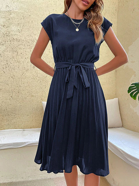 Marley | Women's Belted Short Sleeve Midi Dress with Pleated Skirt