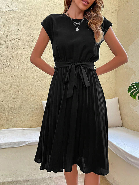 Marley | Women's Belted Short Sleeve Midi Dress with Pleated Skirt