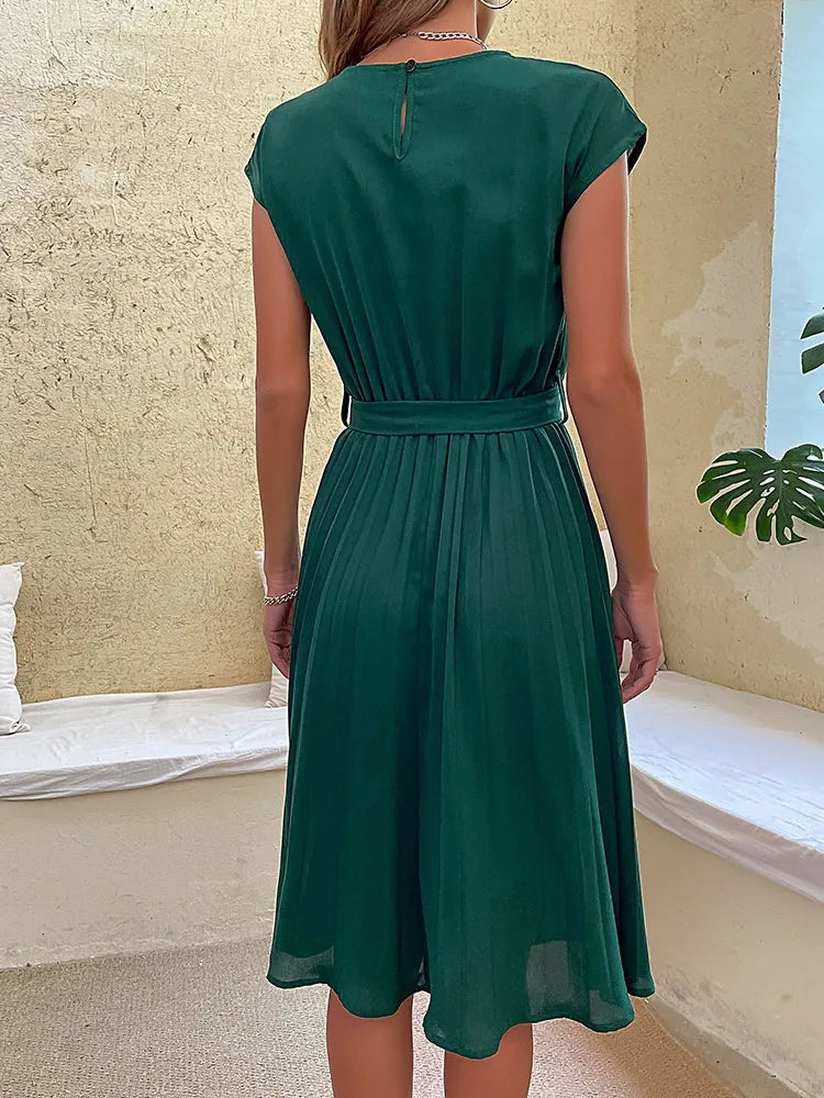 Marley | Women's Belted Short Sleeve Midi Dress with Pleated Skirt