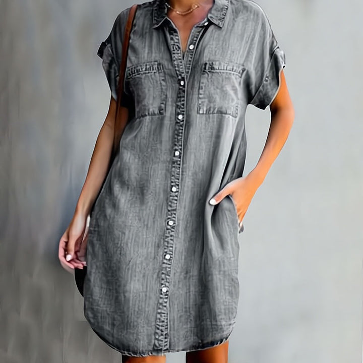 Presley | Women's Denim Style Mini Shirt Dress with Buttons