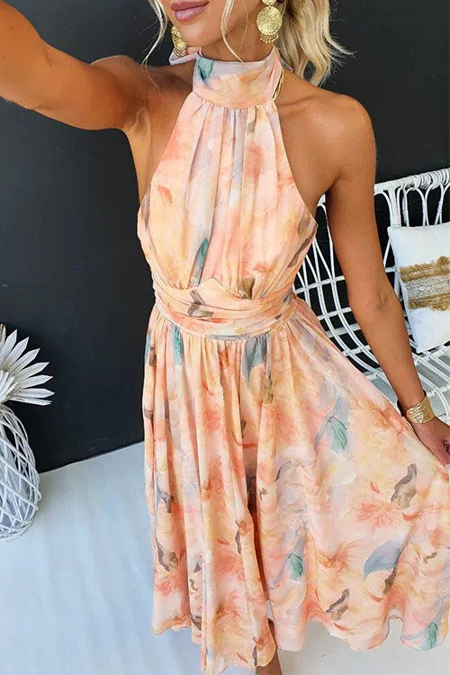 Hailey | Women's Halter Neck Pleated Midi Dress with Prints
