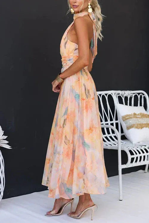 Hailey | Women's Halter Neck Pleated Midi Dress with Prints