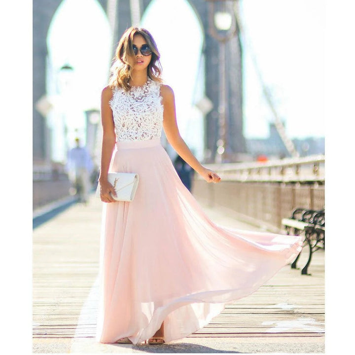 Kelsey | Women's Lace Flared Maxi Dress with Sleeveless