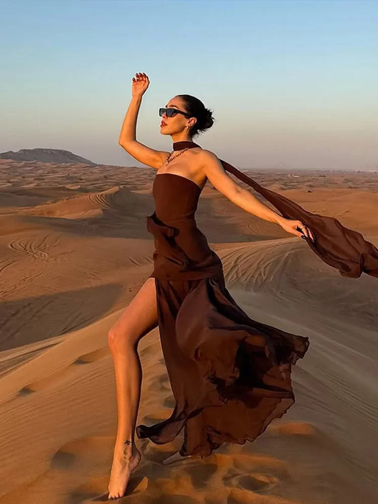 Morgan | Women's Starpless Maxi Dress with Scarf and Layered Slit