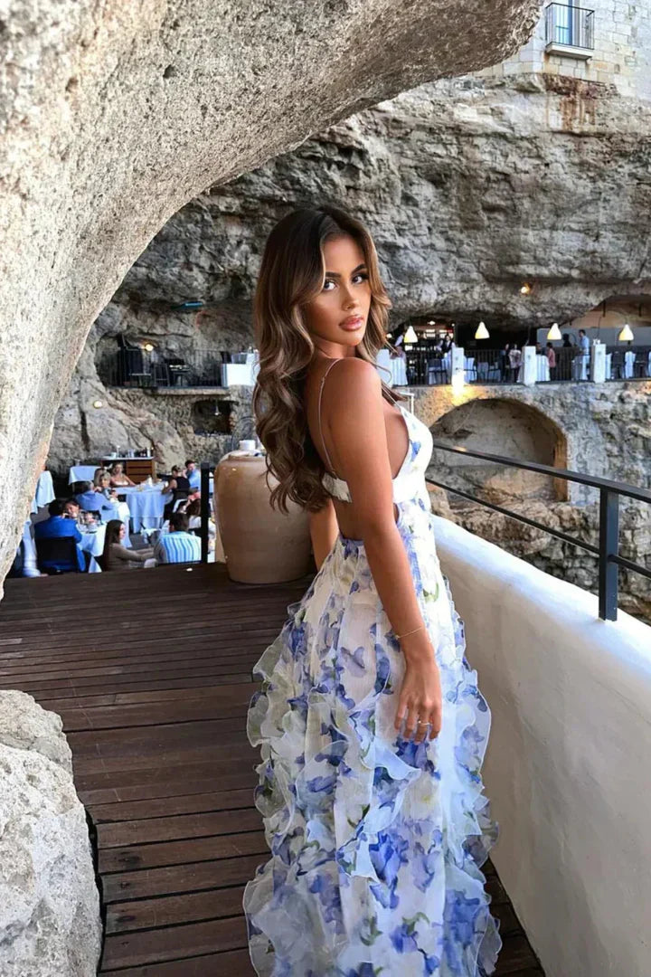 Juliette | Women's Tiered Rulled Backless Floral Maxi Dress