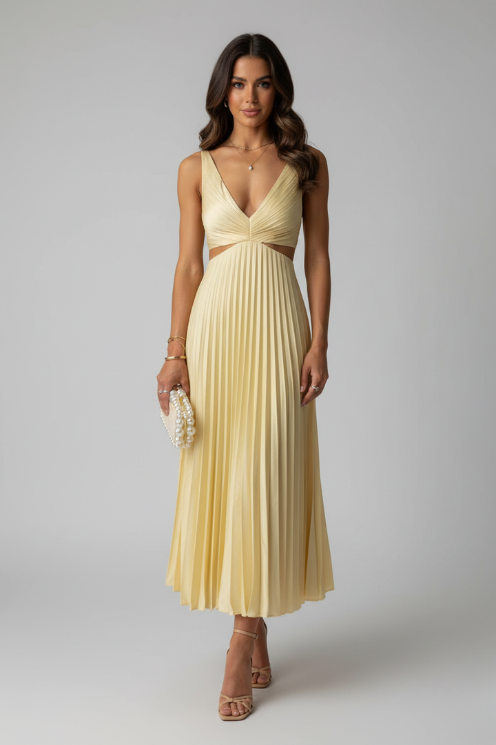Francine | Women's V-Neck Sleeveless Pleated Dress with Waist Cut Outs
