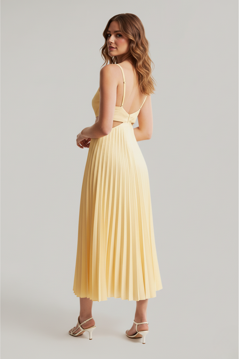 Francine | Women's V-Neck Sleeveless Pleated Dress with Waist Cut Outs