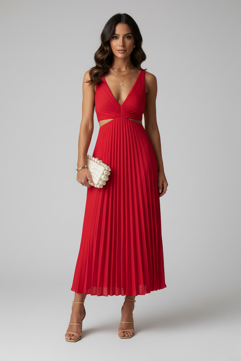 Francine | Women's V-Neck Sleeveless Pleated Dress with Waist Cut Outs