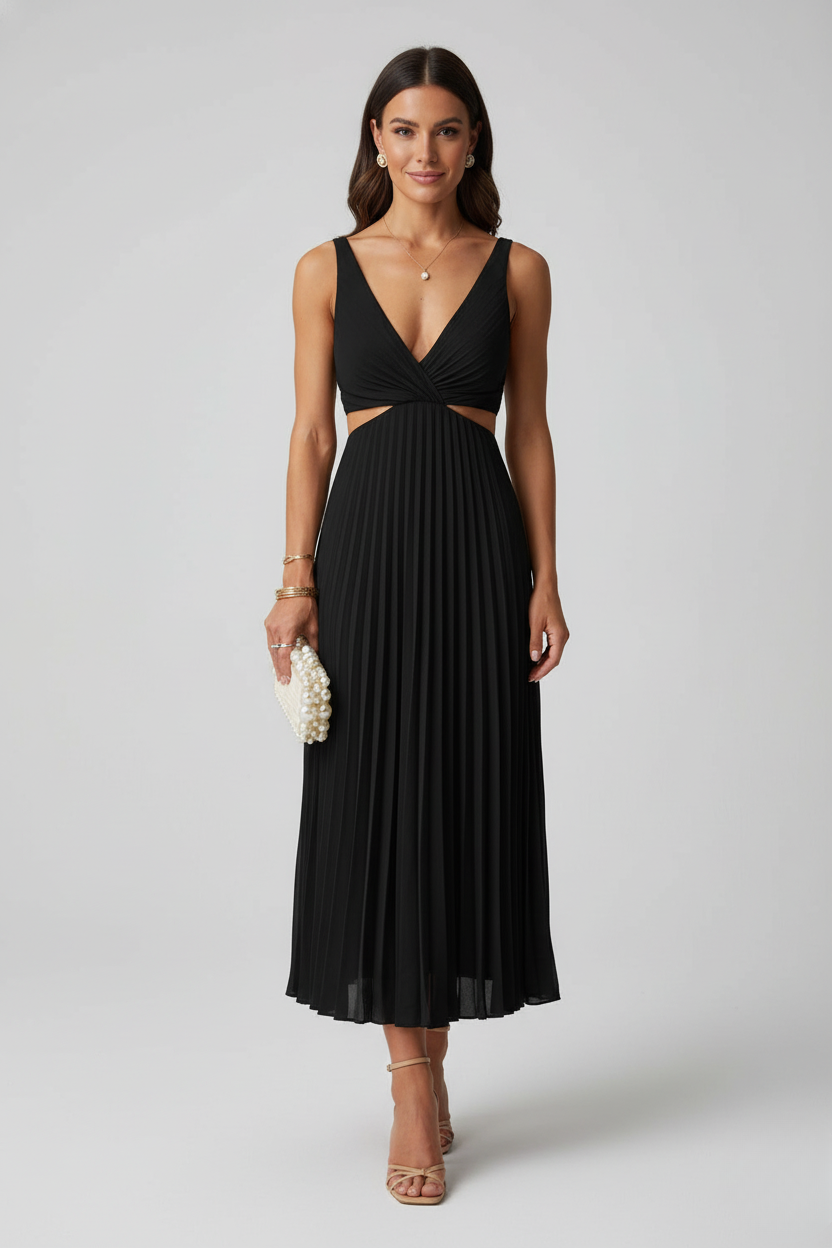 Francine | Women's V-Neck Sleeveless Pleated Dress with Waist Cut Outs