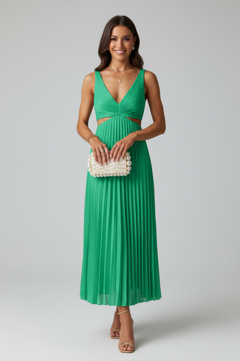 Francine | Women's V-Neck Sleeveless Pleated Dress with Waist Cut Outs