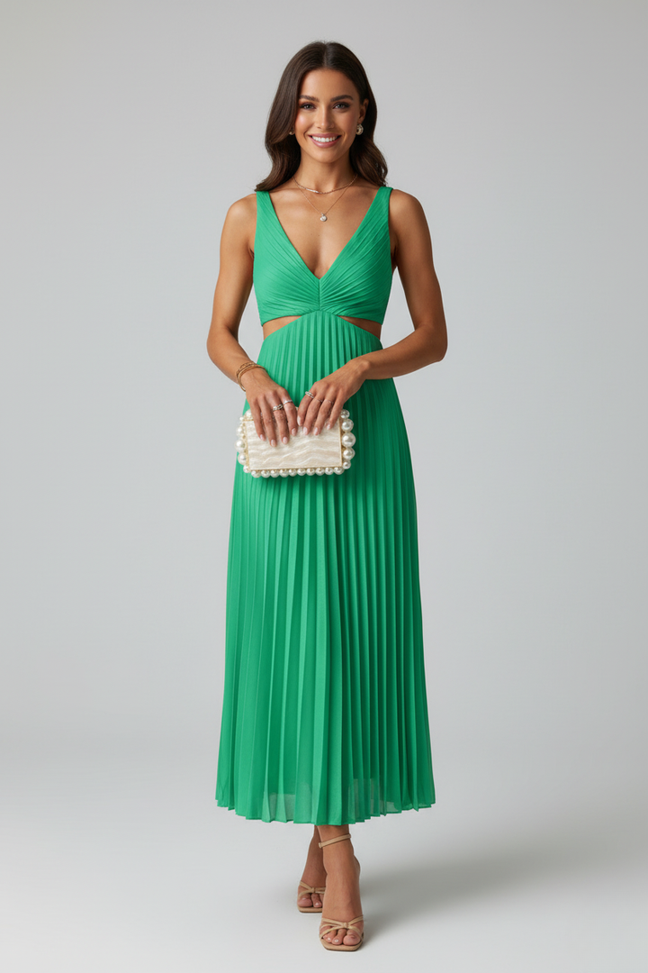 Francine | Women's V-Neck Sleeveless Pleated Dress with Waist Cut Outs
