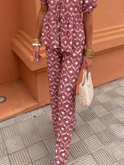 Nicole | Women's Printed Two Piece Casual Set with Pants and Puff Sleeve
