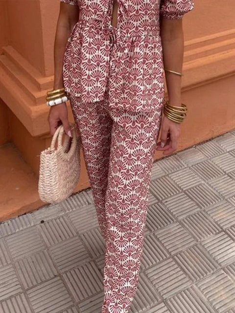 Nicole | Women's Printed Two Piece Casual Set with Pants and Puff Sleeve