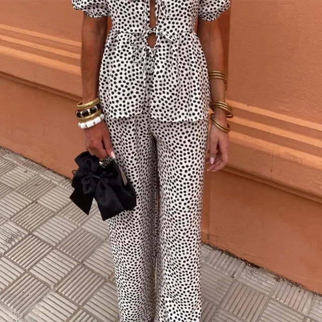 Nicole | Women's Printed Two Piece Casual Set with Pants and Puff Sleeve