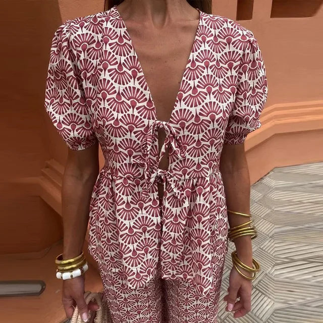 Nicole | Women's Printed Two Piece Casual Set with Pants and Puff Sleeve