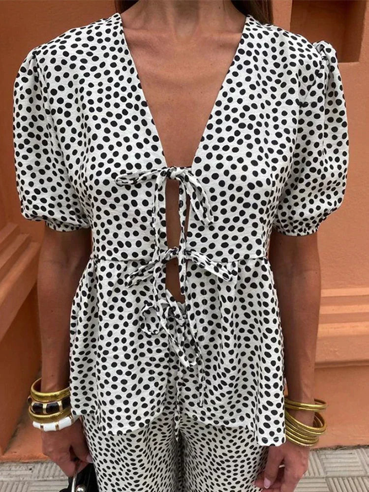 Nicole | Women's Printed Two Piece Casual Set with Pants and Puff Sleeve