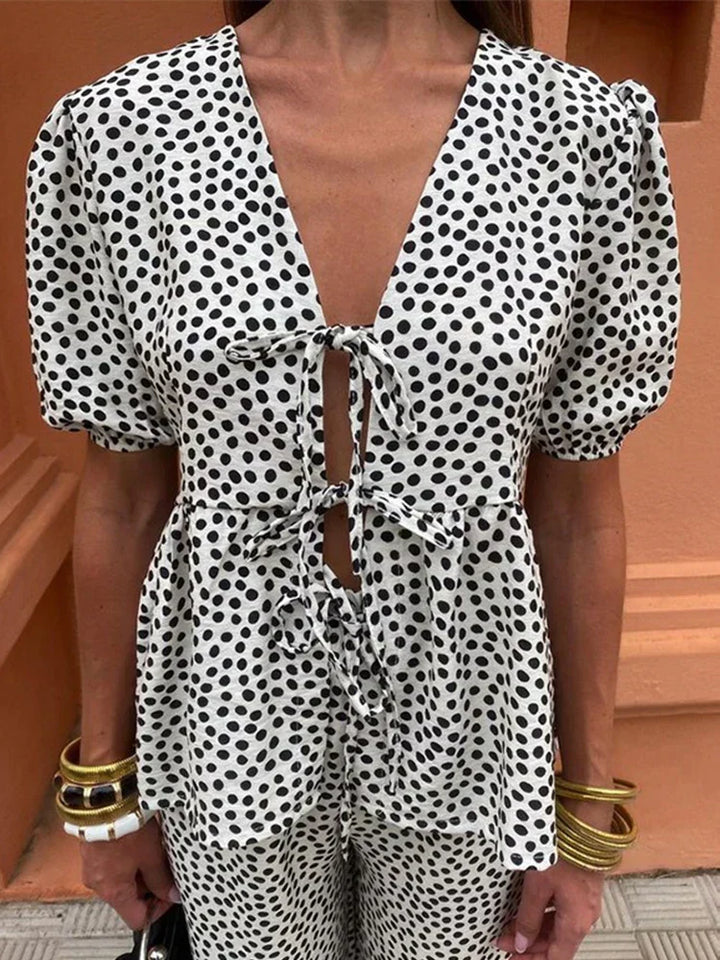 Nicole | Women's Printed Two Piece Casual Set with Pants and Puff Sleeve