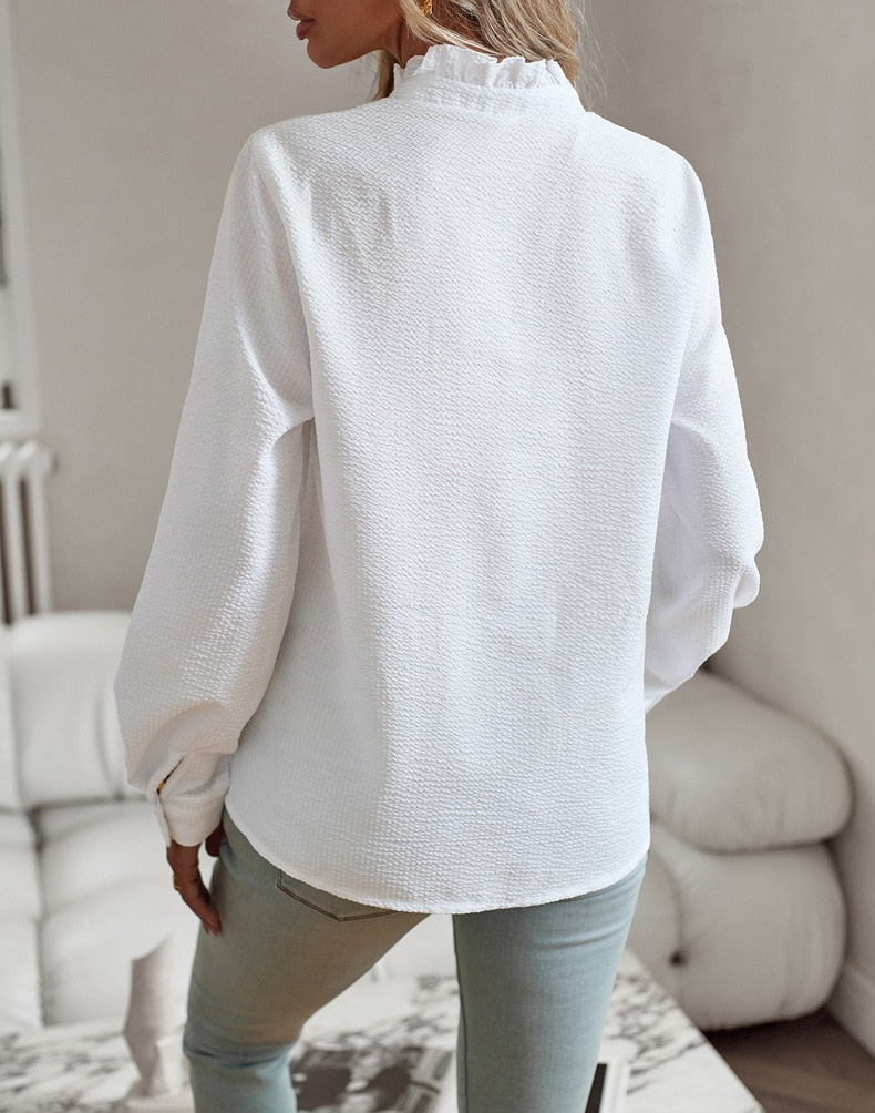 Charlotte | Women's V-Neck Ruffle Trim Striped Blouse