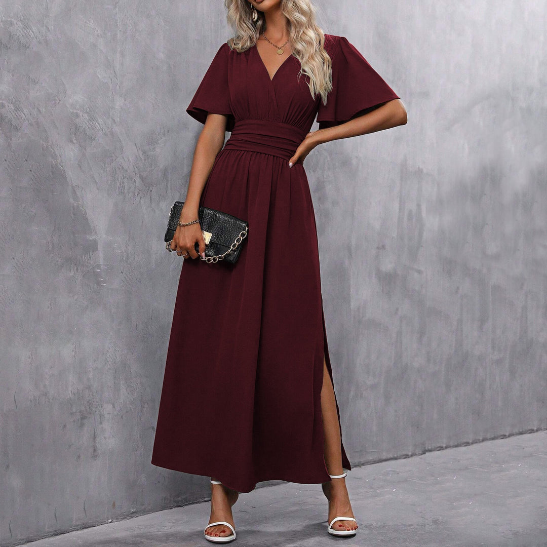 Caroline | Women's V-neck Maxi Dress with Slit and Elastic Waist
