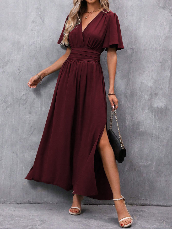Caroline | Women's V-neck Maxi Dress with Slit and Elastic Waist