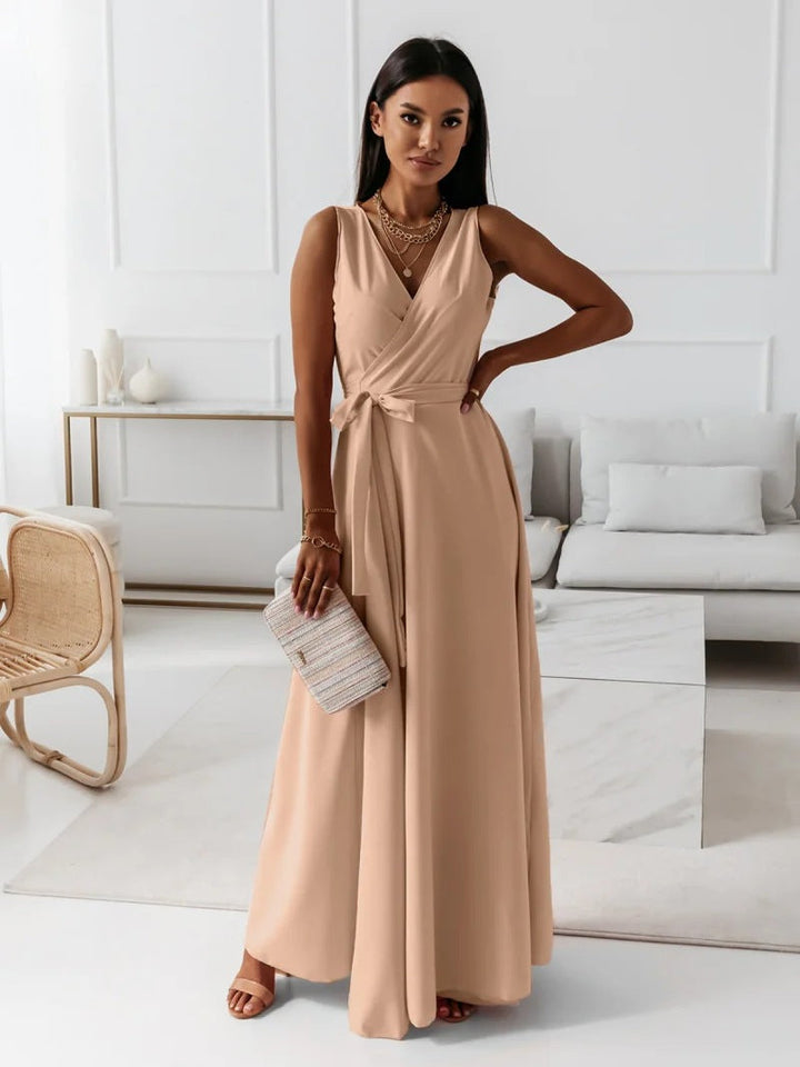 Gina | Women's Long V Neck Wrap Dress with Sleeveless