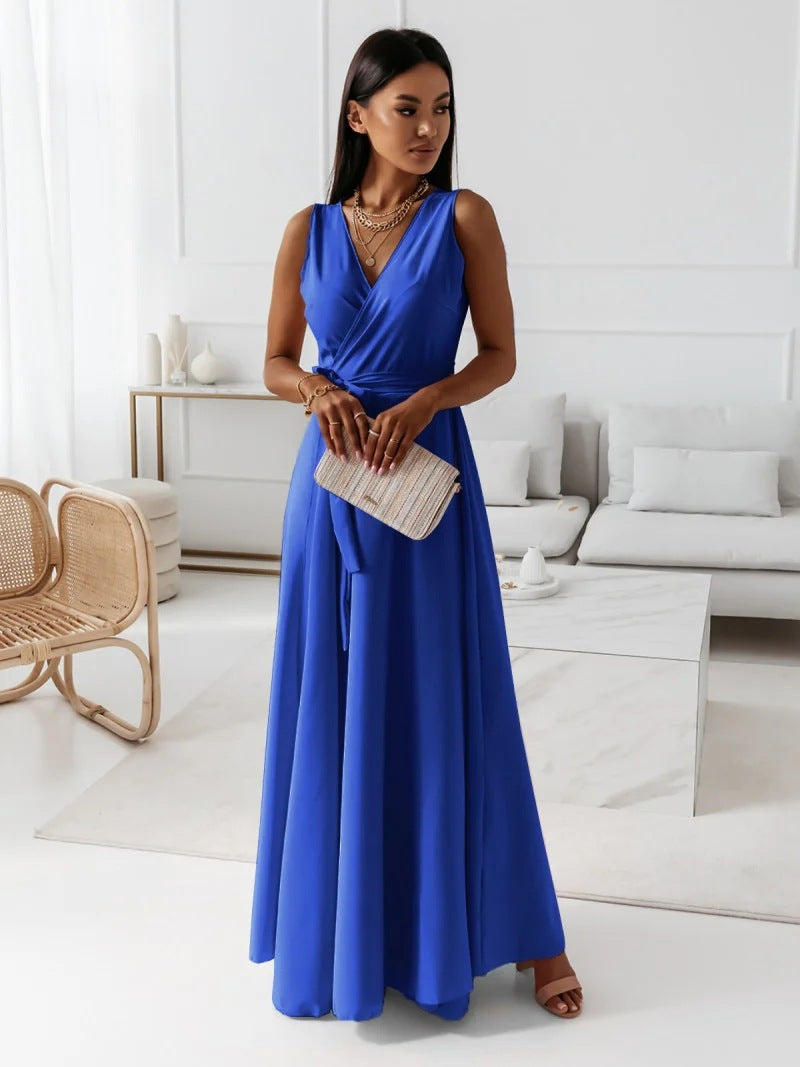Gina | Women's Long V Neck Wrap Dress with Sleeveless