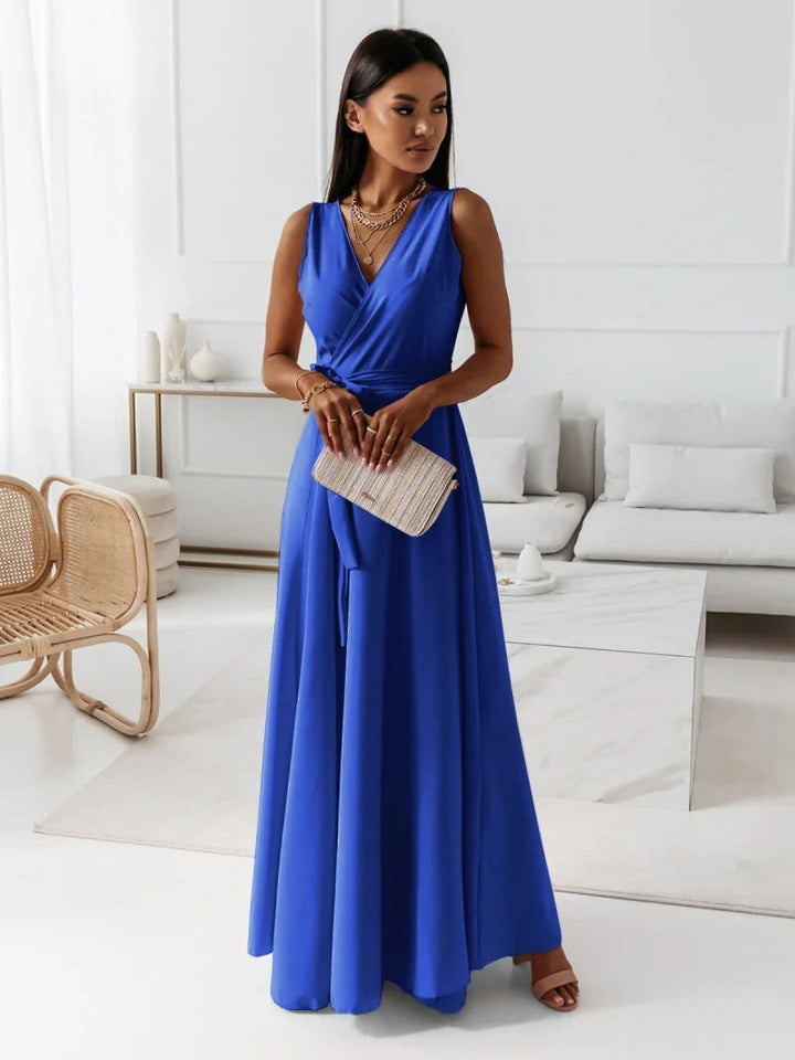 Gina | Women's Long V Neck Wrap Dress with Sleeveless