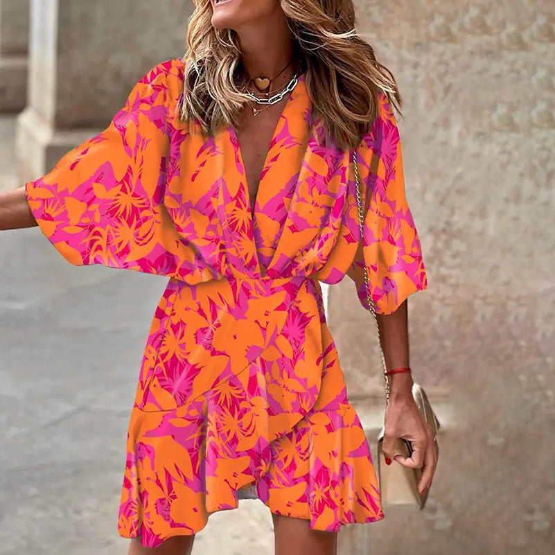 Kaitlyn | Women's Printed Batwing Sleeve Mini Wrap Dress