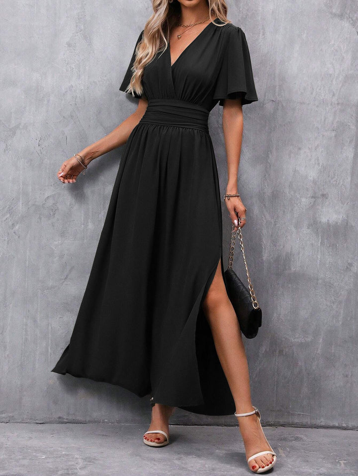 Caroline | Women's V-neck Maxi Dress with Slit and Elastic Waist
