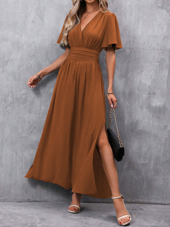 Caroline | Women's V-neck Maxi Dress with Slit and Elastic Waist