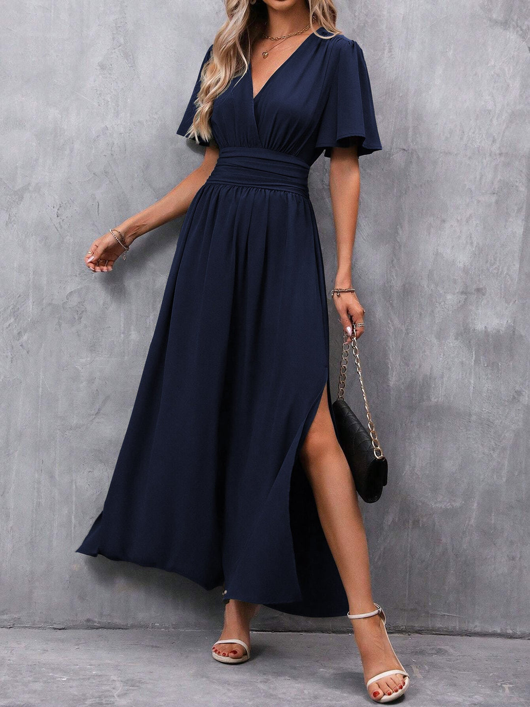 Caroline | Women's V-neck Maxi Dress with Slit and Elastic Waist