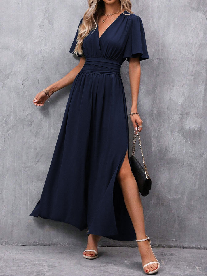 Caroline | Women's V-neck Maxi Dress with Slit and Elastic Waist