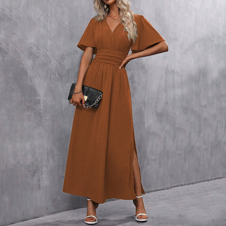 Caroline | Women's V-neck Maxi Dress with Slit and Elastic Waist