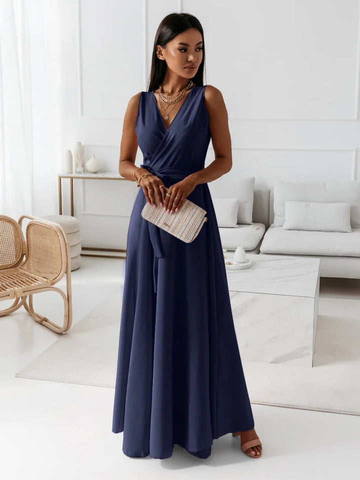 Gina | Women's Long V Neck Wrap Dress with Sleeveless