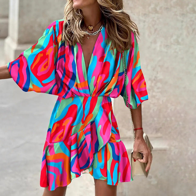 Kaitlyn | Women's Printed Batwing Sleeve Mini Wrap Dress