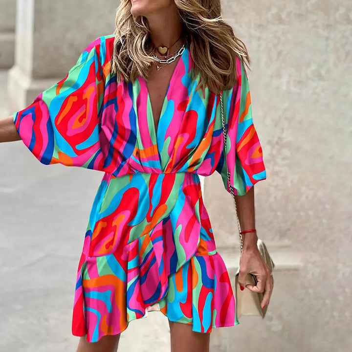 Kaitlyn | Women's Printed Batwing Sleeve Mini Wrap Dress