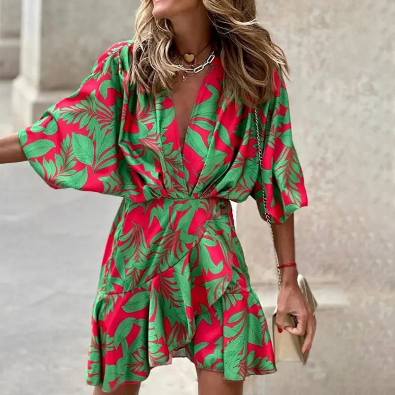 Kaitlyn | Women's Printed Batwing Sleeve Mini Wrap Dress